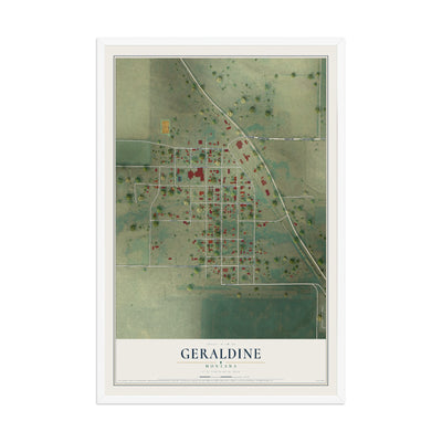 Map of Geraldine, Montana, 12 x 18 inch print in a white wood frame