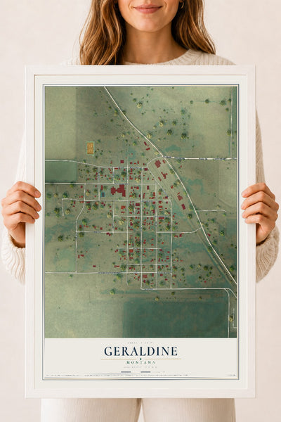 Map of Geraldine, Montana, 18 x 24 inch print in a white wood frame