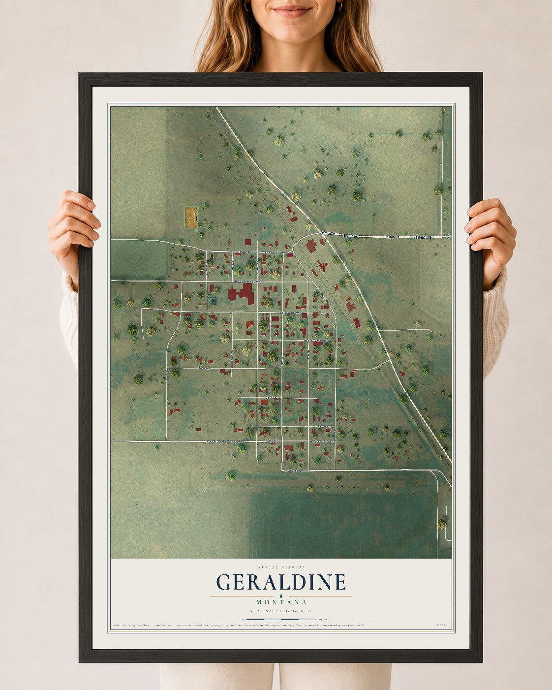 Map of Geraldine, Montana, 24 x 36 inch print in a black wood frame