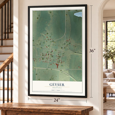 Geyser, Montana map, 24 x 36 inch print in a black frame by a staircase