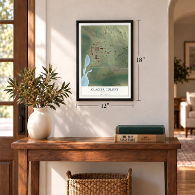 Glacier Colony, Montana map, 12 x 18 inch print in a black frame in an entryway