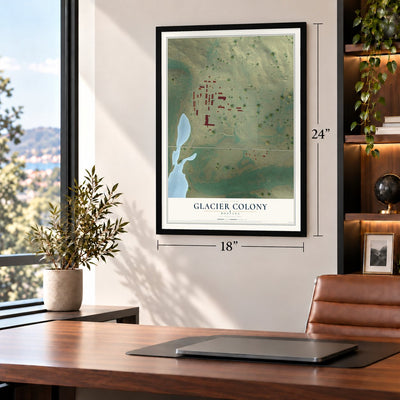 Glacier Colony, Montana map, 18 x 24 inch print in a black frame in a home office