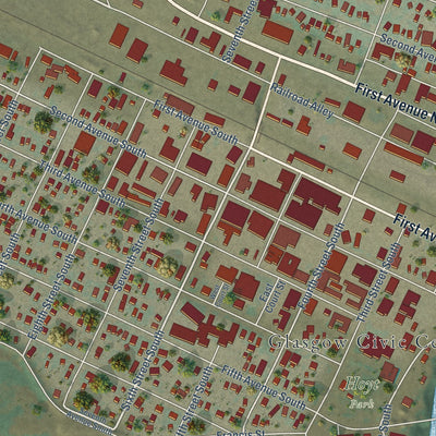 Close-up of the map of Glasgow, Montana print showing street and building detail