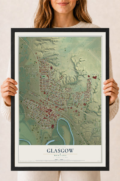 Map of Glasgow, Montana, 18 x 24 inch print in a black wood frame