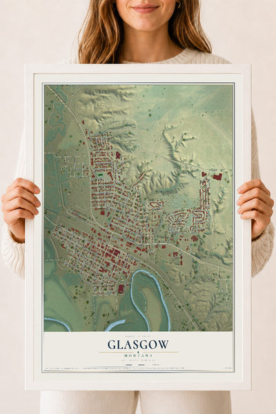 Map of Glasgow, Montana, 18 x 24 inch print in a white wood frame