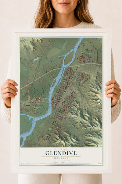 Map of Glendive, Montana, 18 x 24 inch print in a white wood frame
