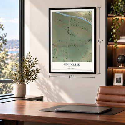 Goldcreek, Montana map, 18 x 24 inch print in a black frame in a home office