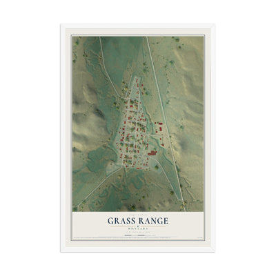 Map of Grass Range, Montana, 12 x 18 inch print in a white wood frame