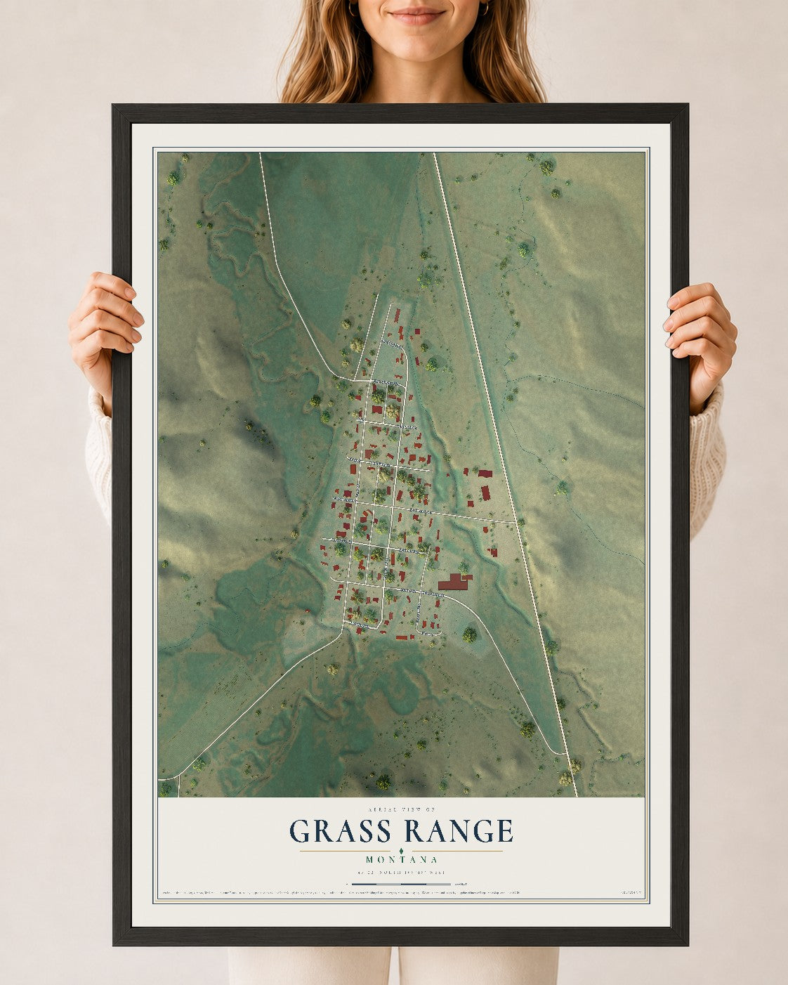 Map of Grass Range, Montana, 24 x 36 inch print in a black wood frame