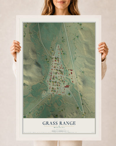 Map of Grass Range, Montana, 24 x 36 inch print in a white wood frame