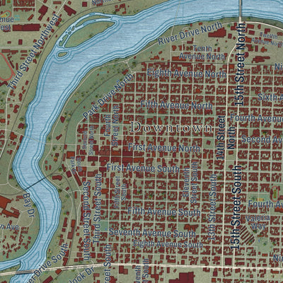 Second close-up of the map of Great Falls, Montana print showing more streets and buildings