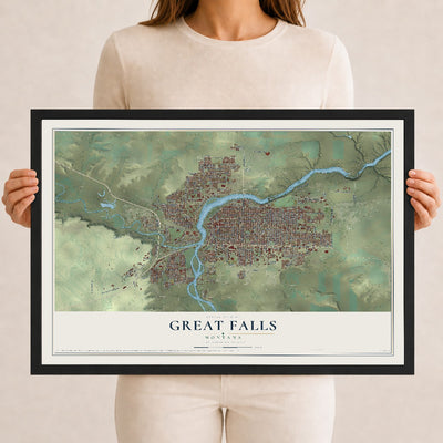 Map of Great Falls, Montana, 12 x 18 inch print in a black wood frame