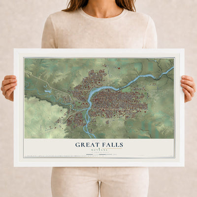 Map of Great Falls, Montana, 12 x 18 inch print in a white wood frame