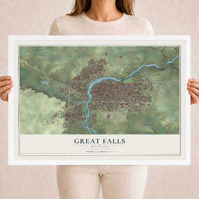 Map of Great Falls, Montana, 18 x 24 inch print in a white wood frame