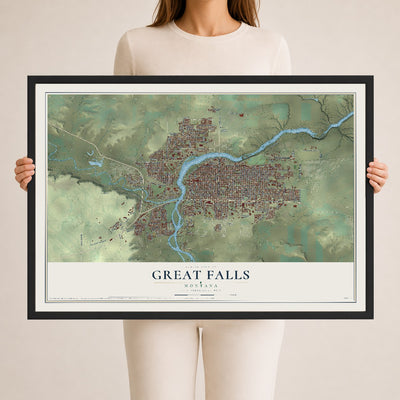 Map of Great Falls, Montana, 24 x 36 inch print in a black wood frame
