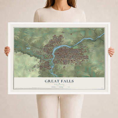 Map of Great Falls, Montana, 24 x 36 inch print in a white wood frame