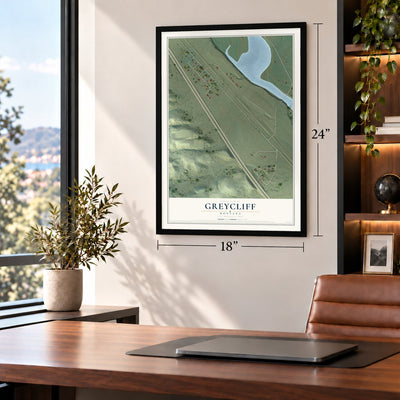 Greycliff, Montana map, 18 x 24 inch print in a black frame in a home office