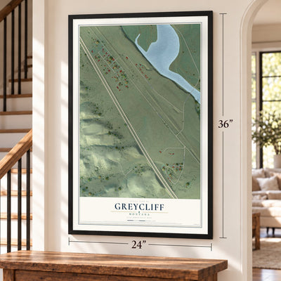 Greycliff, Montana map, 24 x 36 inch print in a black frame by a staircase