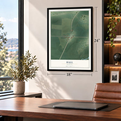 Hall, Montana map, 18 x 24 inch print in a black frame in a home office