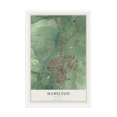 Map of Hamilton, Montana, 12 x 18 inch print in a white wood frame
