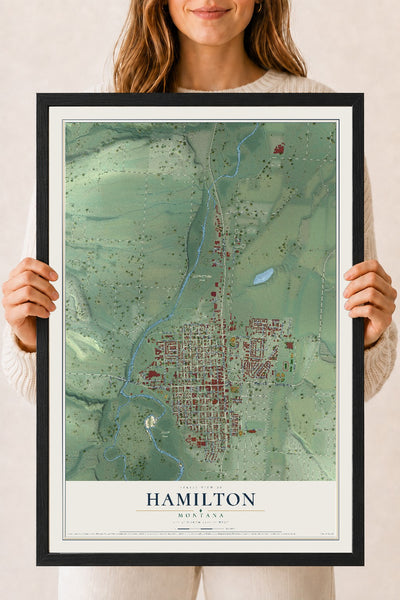Map of Hamilton, Montana, 18 x 24 inch print in a black wood frame