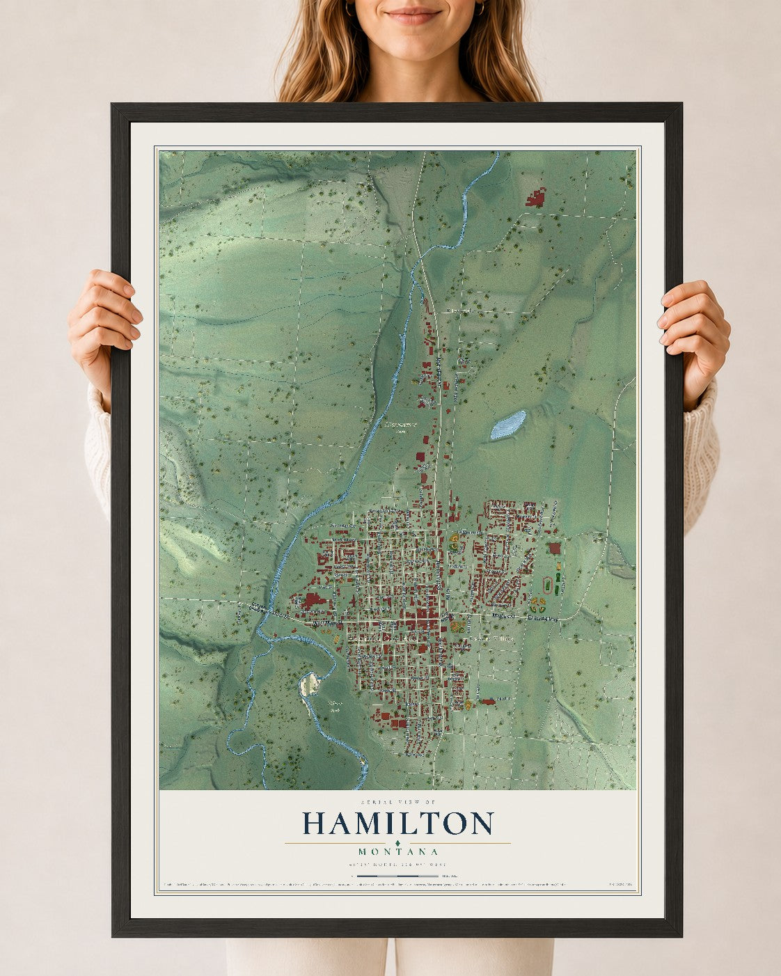 Map of Hamilton, Montana, 24 x 36 inch print in a black wood frame