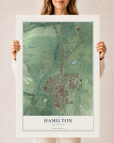Map of Hamilton, Montana, 24 x 36 inch print in a white wood frame