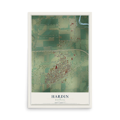 Map of Hardin, Montana, 12 x 18 inch unframed archival matte print