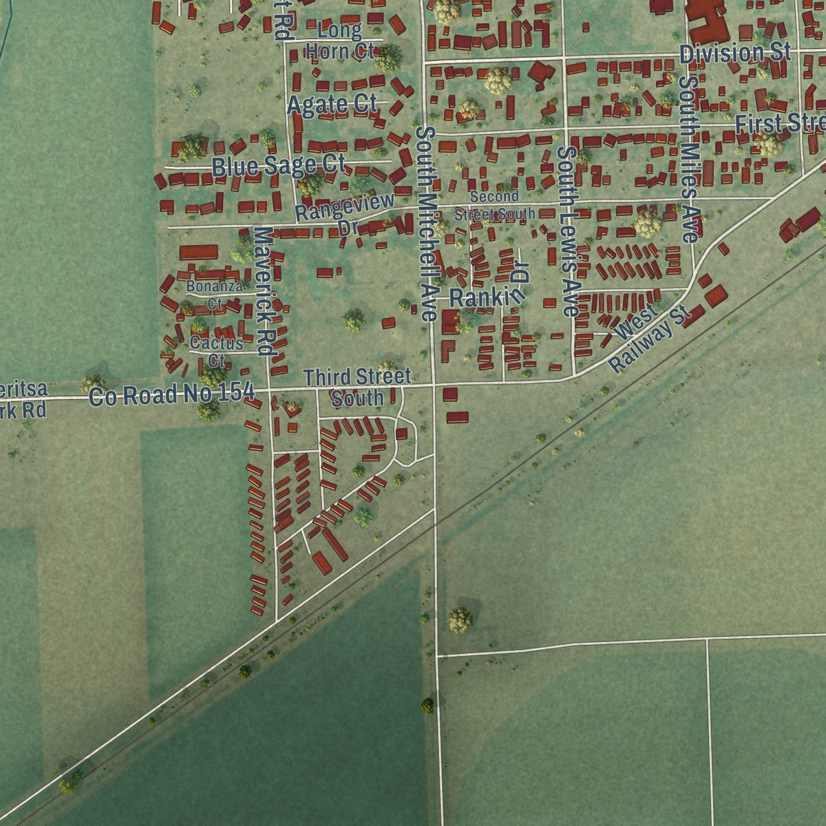 Second close-up of the map of Hardin, Montana print showing more streets and buildings