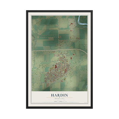Map of Hardin, Montana, 12 x 18 inch print in a black wood frame