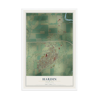 Map of Hardin, Montana, 12 x 18 inch print in a white wood frame
