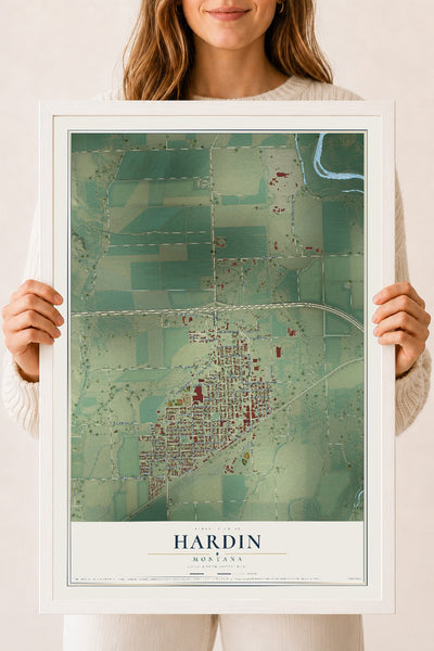 Map of Hardin, Montana, 18 x 24 inch print in a white wood frame