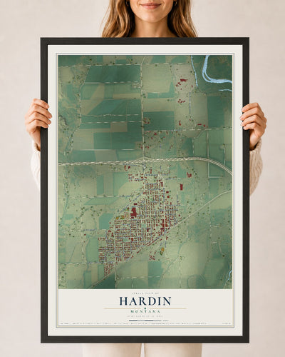 Map of Hardin, Montana, 24 x 36 inch print in a black wood frame