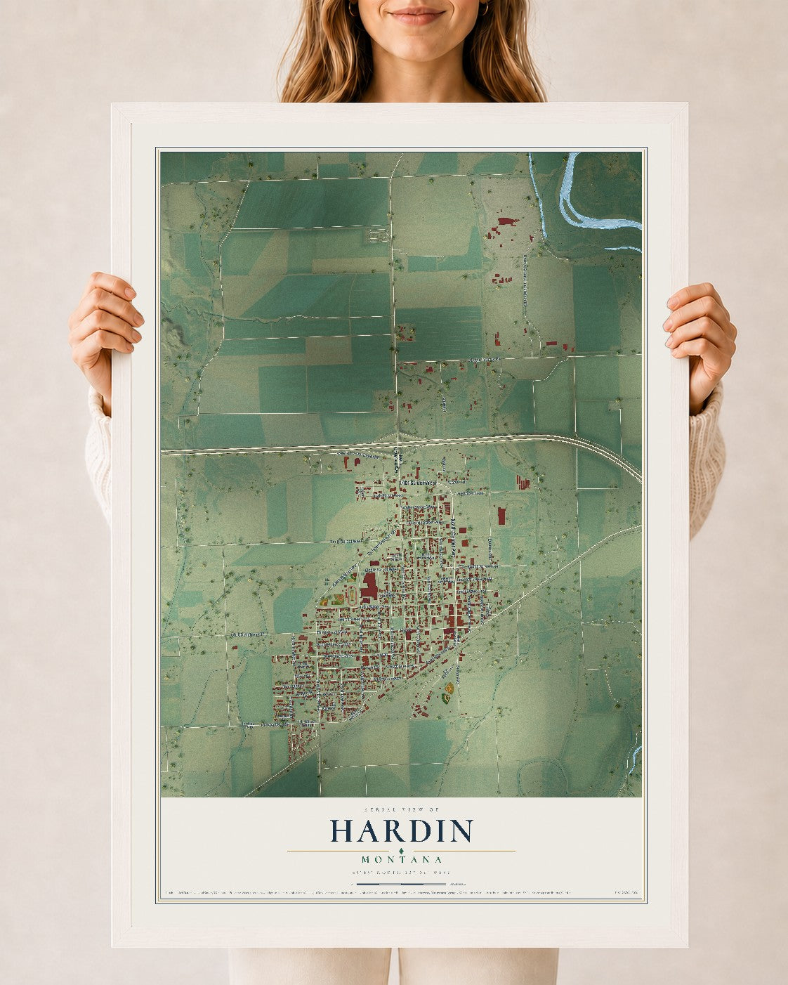 Map of Hardin, Montana, 24 x 36 inch print in a white wood frame