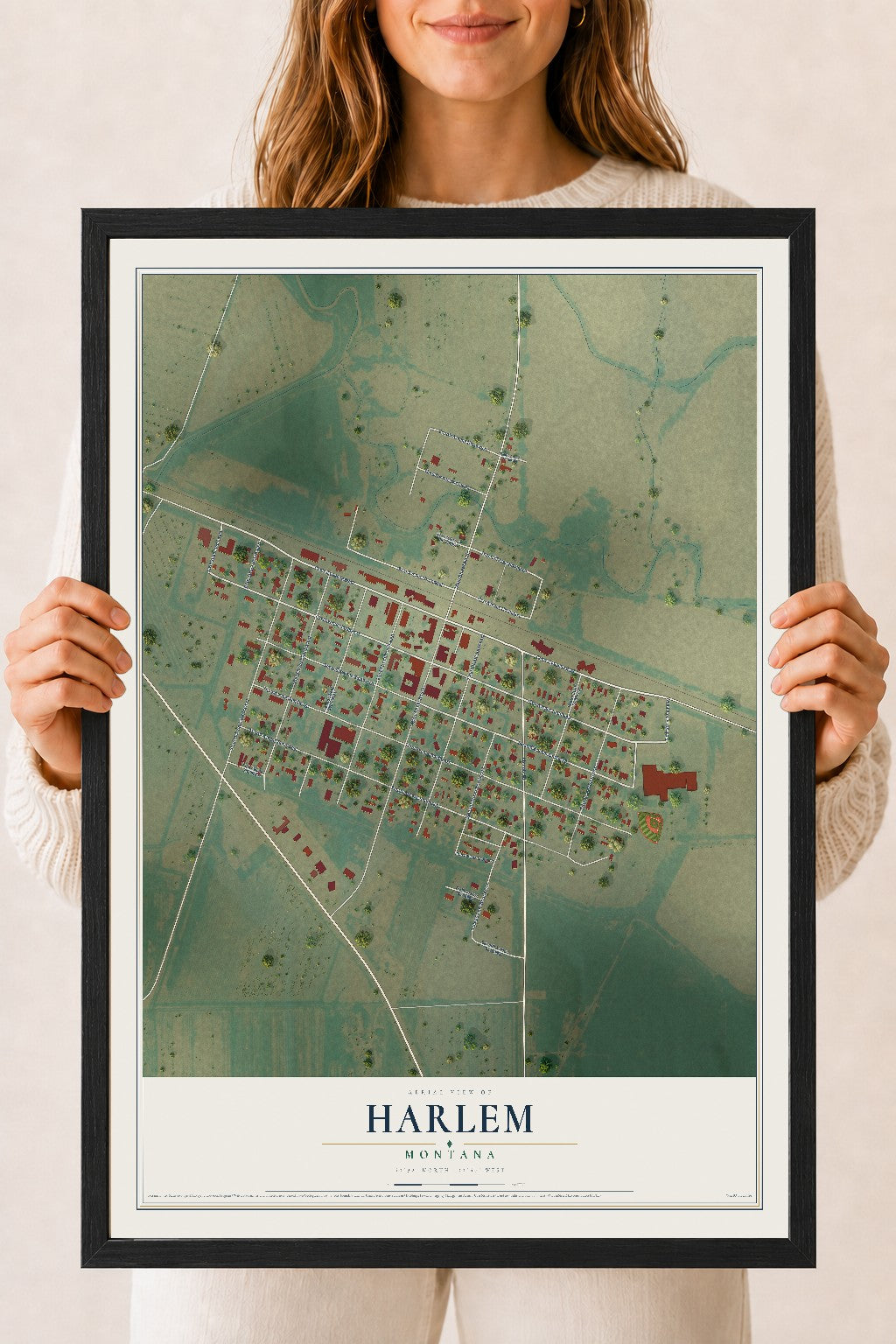 Map of Harlem, Montana, 18 x 24 inch print in a black wood frame