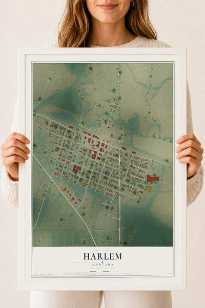 Map of Harlem, Montana, 18 x 24 inch print in a white wood frame