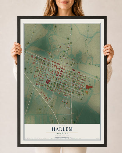 Map of Harlem, Montana, 24 x 36 inch print in a black wood frame