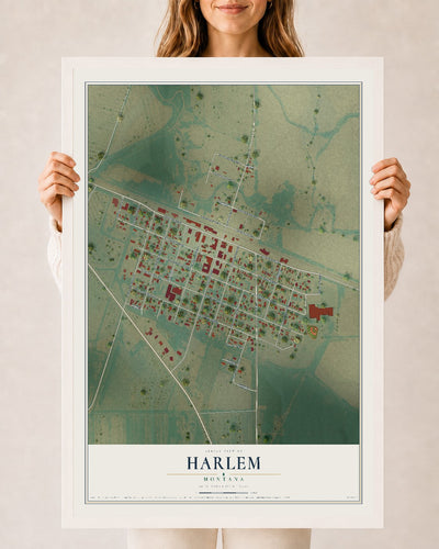 Map of Harlem, Montana, 24 x 36 inch print in a white wood frame