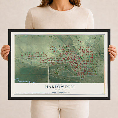 Map of Harlowton, Montana, 12 x 18 inch print in a black wood frame