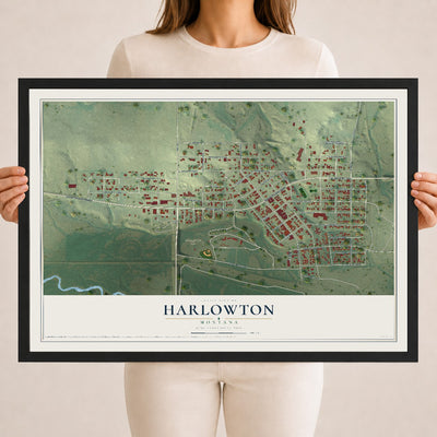 Map of Harlowton, Montana, 18 x 24 inch print in a black wood frame