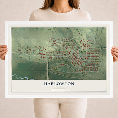 Map of Harlowton, Montana, 18 x 24 inch print in a white wood frame