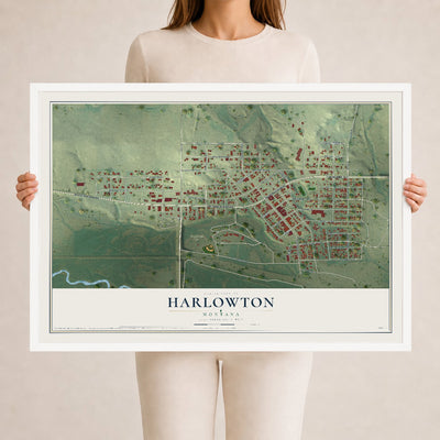 Map of Harlowton, Montana, 24 x 36 inch print in a white wood frame