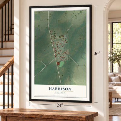 Harrison, Montana map, 24 x 36 inch print in a black frame by a staircase