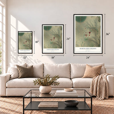 Hartland Colony, Montana map in 12 x 18, 18 x 24 and 24 x 36 inch sizes above a sofa