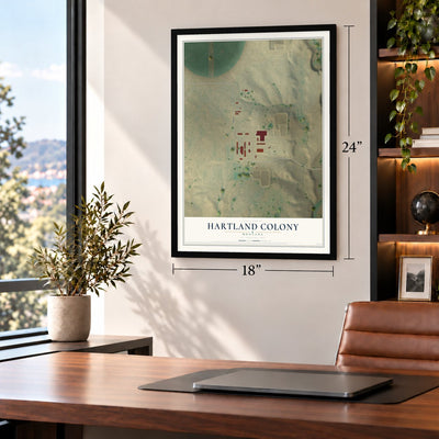Hartland Colony, Montana map, 18 x 24 inch print in a black frame in a home office