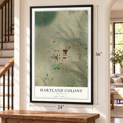 Hartland Colony, Montana map, 24 x 36 inch print in a black frame by a staircase