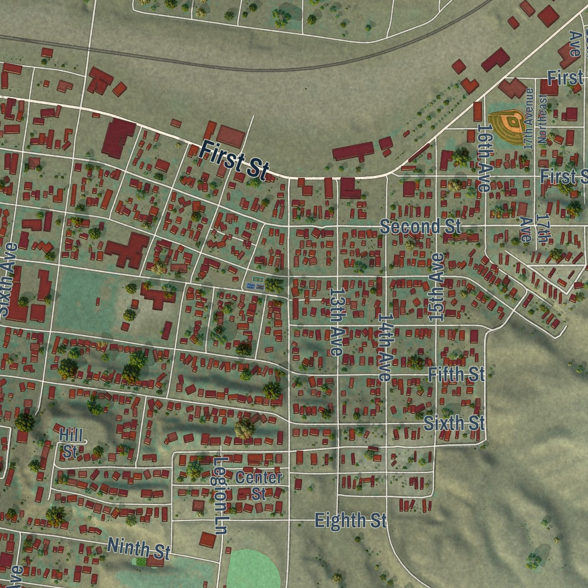 Close-up of the map of Havre, Montana print showing street and building detail