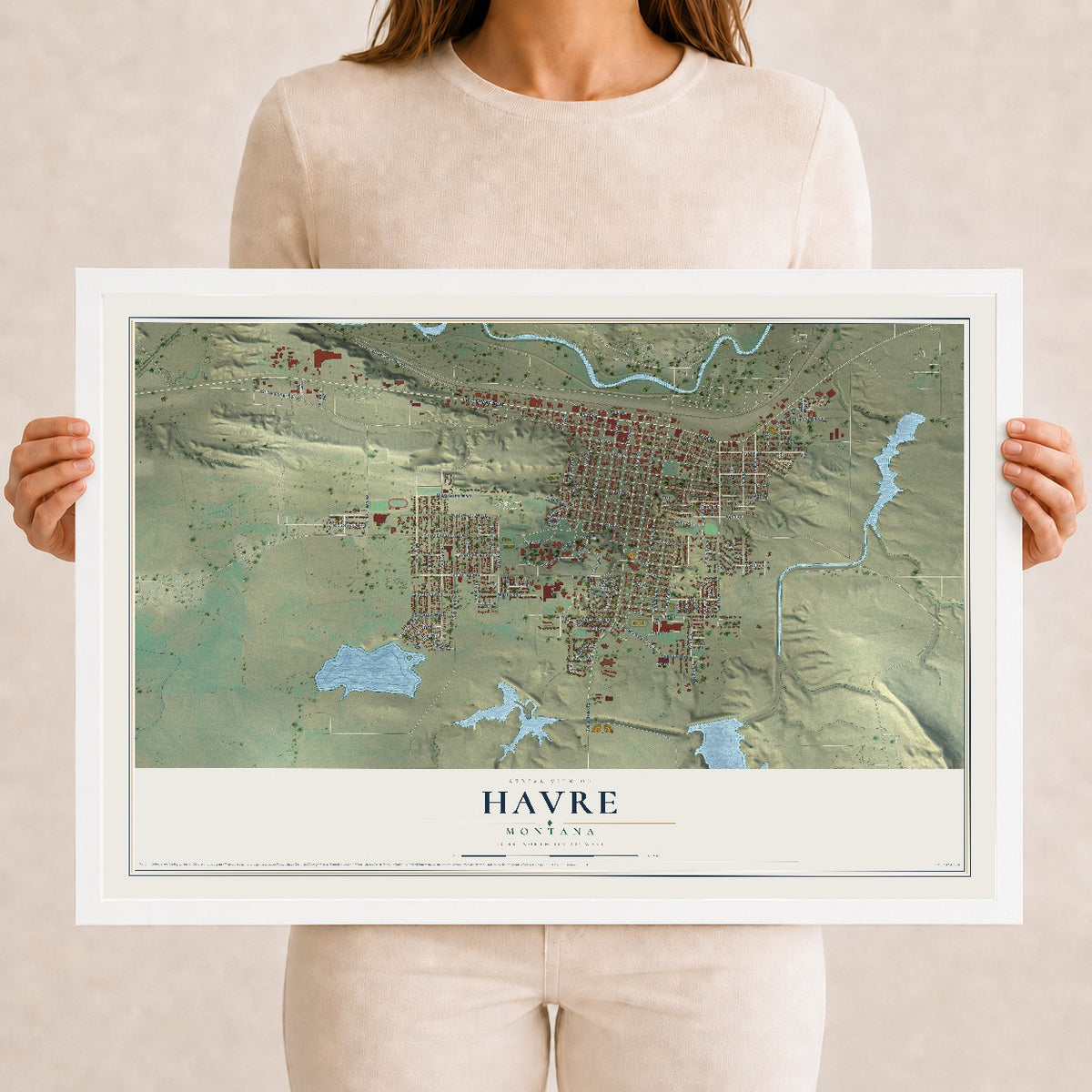 Map of Havre, Montana, 12 x 18 inch print in a white wood frame