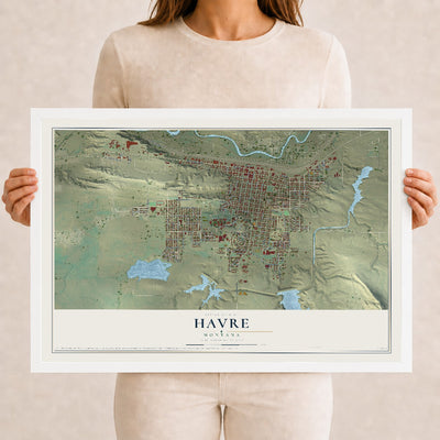 Map of Havre, Montana, 12 x 18 inch print in a white wood frame