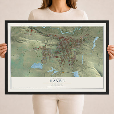 Map of Havre, Montana, 18 x 24 inch print in a black wood frame